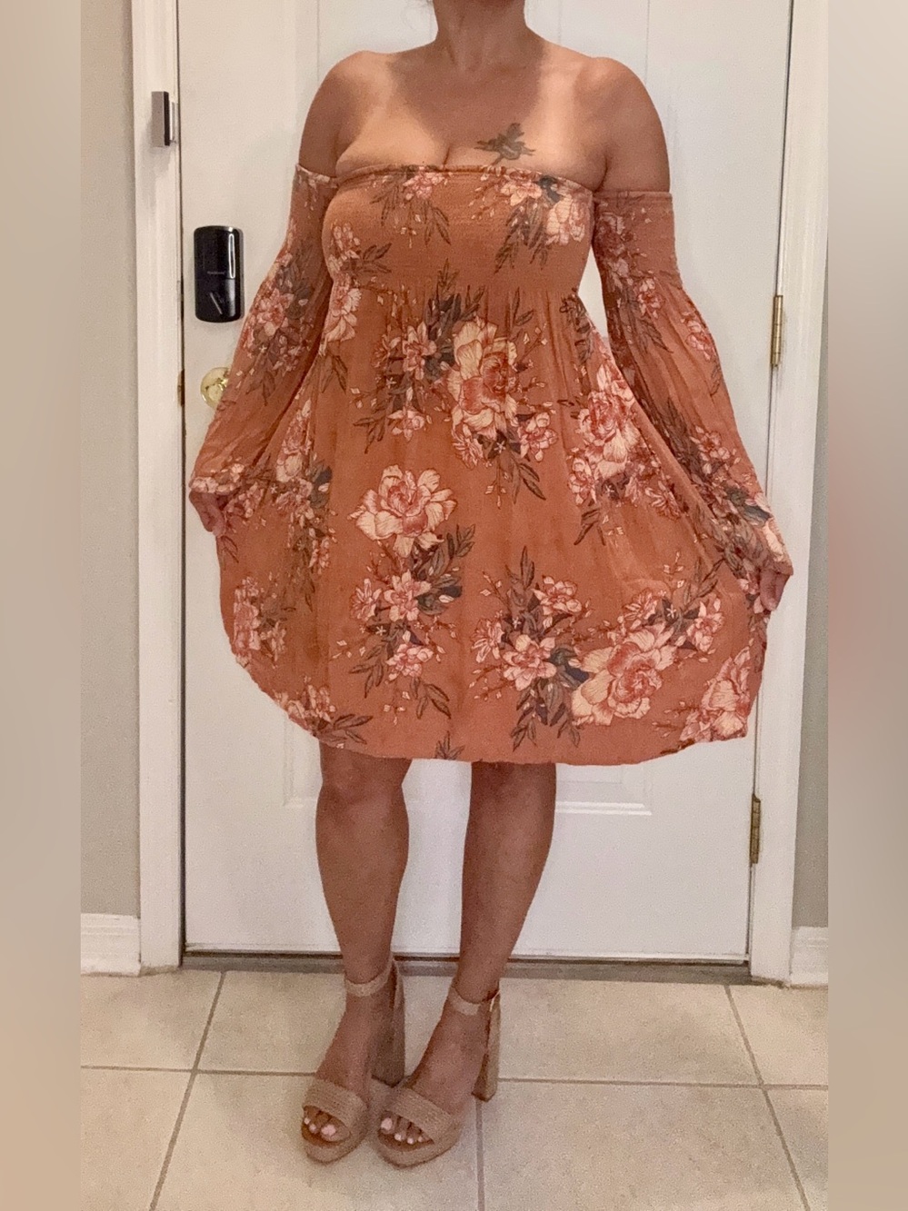 Billabong Rust Floral Off-Shoulder Mini Dress
